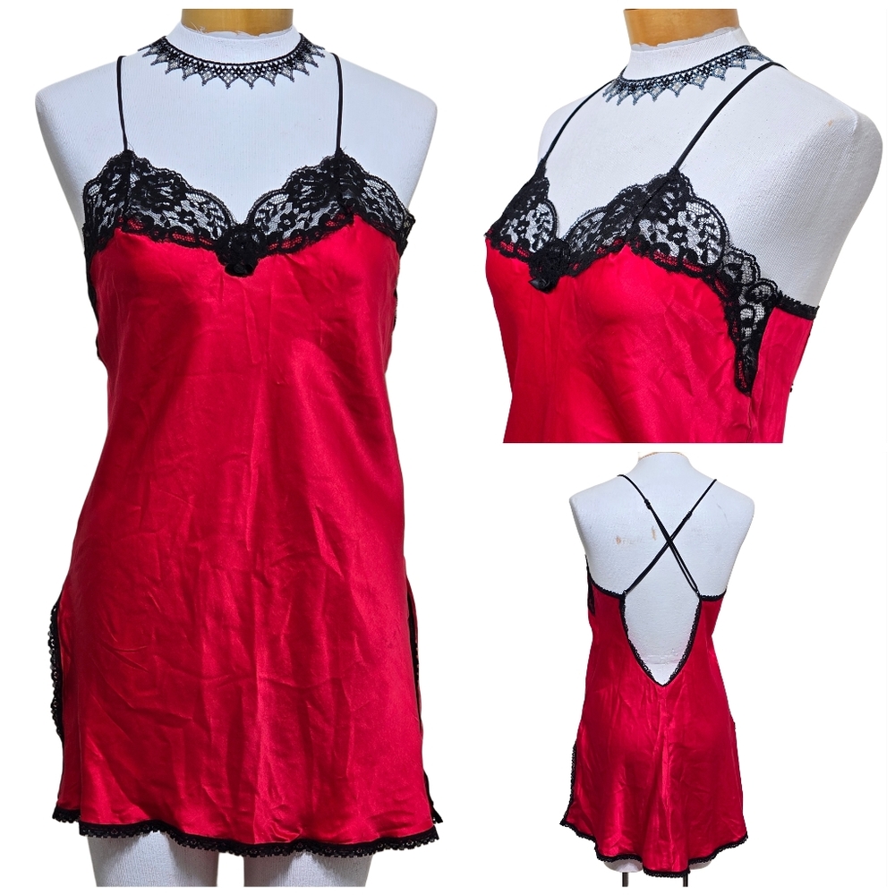 Vtg 90s Shirley SILK Sz M Babydoll Lace Chemise Slip Dress Sexy Valentines Red